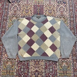 VTG 90s LIBERTY SWEATERS Argyle Knit Sweater Gray Burgundy Cream L USA‎ cotton